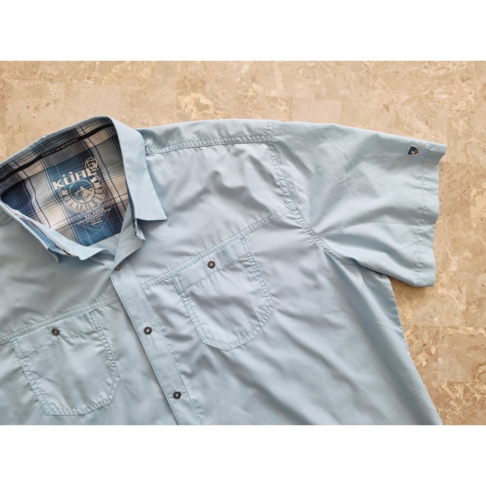 Kuhl Mens XXL Blue Micro Check Short‎ Sleeve Snap Front Mountain Grown Shirt
